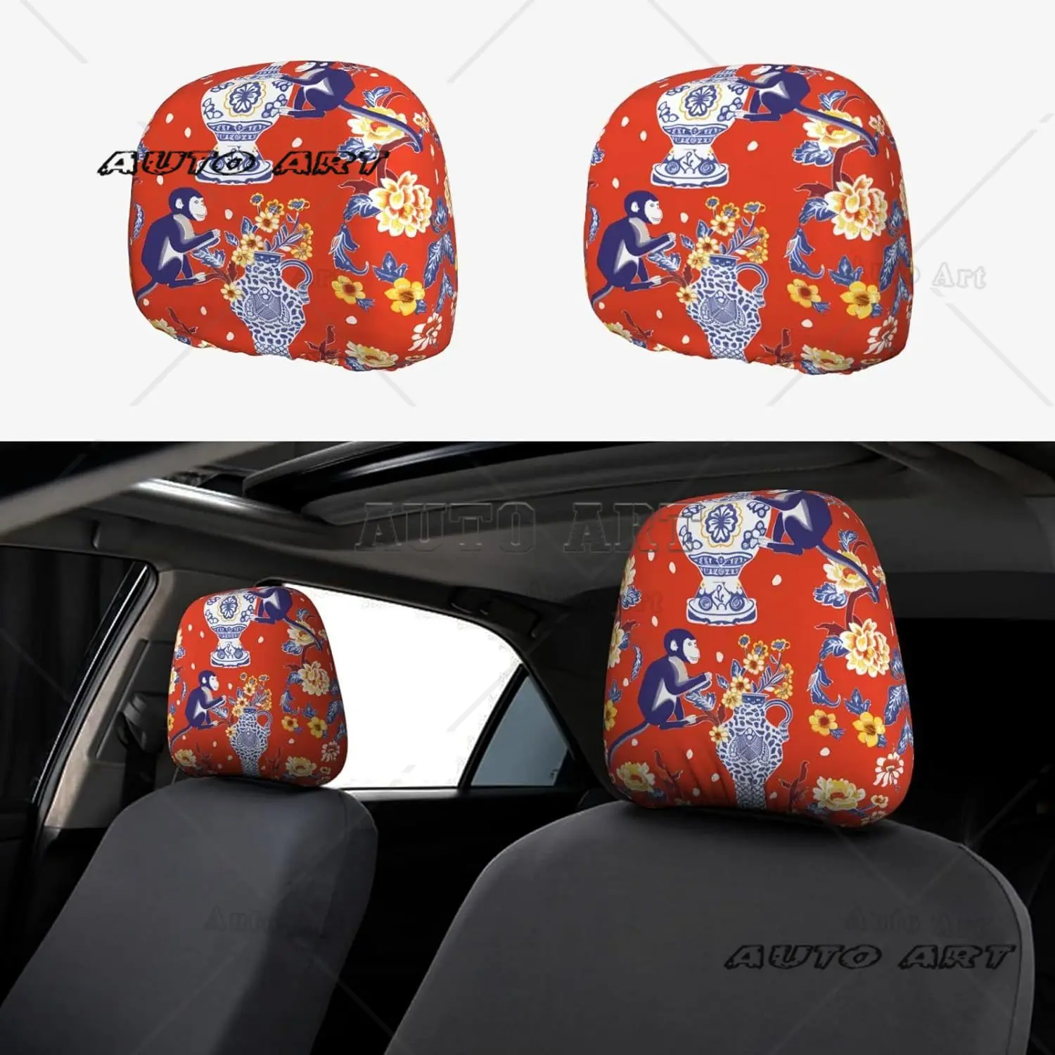 

Chinese Porcelain Monkey Animal Flower Car Headrest Covers Set of 2 Universal Automotive Seat Head Rest Cover Accessories