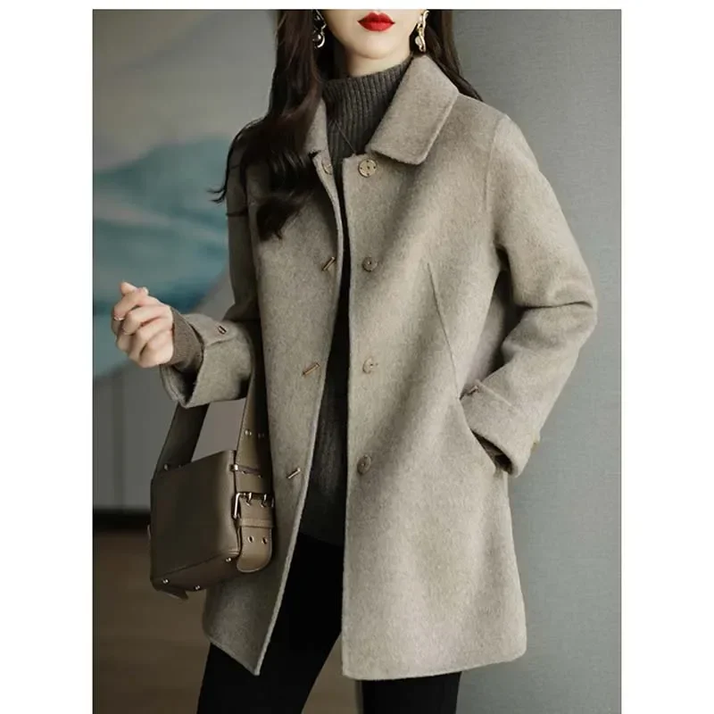 Autumn Winter Woolen Coat Mid Length Version Fashion Lady Square Collar Single Breasted Advanced Sense Coats  Wide-waisted 2023