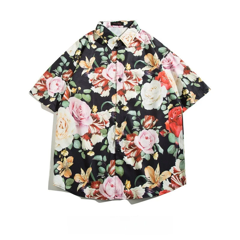 Summer Men's Hawaiian Retro Short Sleeve Floral Shirt Fashion Loose Handsome Beach Vacation Quick Drying Flower Shirt Coat