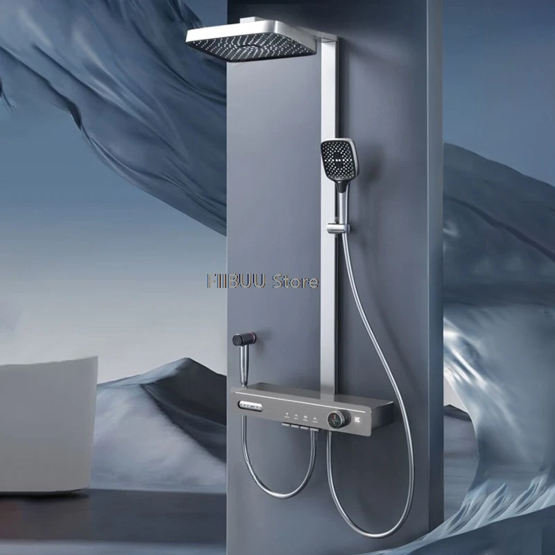 

Массажная душевая система с цифровым дисплеем температуры, многофункциональная душевая лейка, ручной распылитель, аксессуары для ванной комнаты