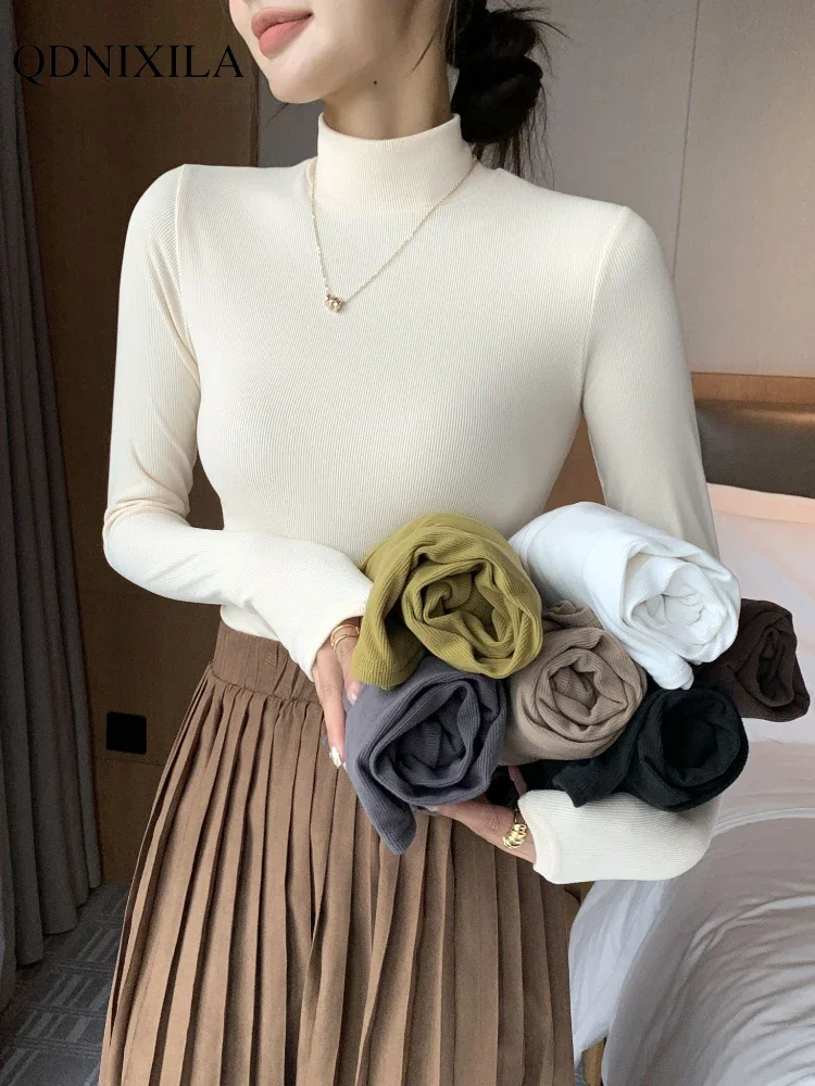 2024 New Korean Fashion Knitted Half-turtleneck Women Pullovers Bottom Shirts Sweater Jumper Elegant Long-sleeved Tops Knitwear