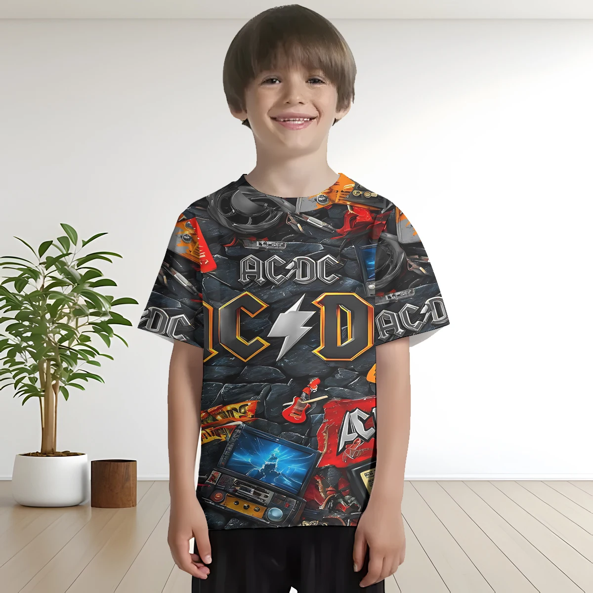 AC-DC روك باند ثلاثية الأبعاد طباعة ملابس الطفل 3to 14 سنة الذكور الملابس في الهواء الطلق للأطفال صبي فتاة الطفل تي شيرت قميص حريمي