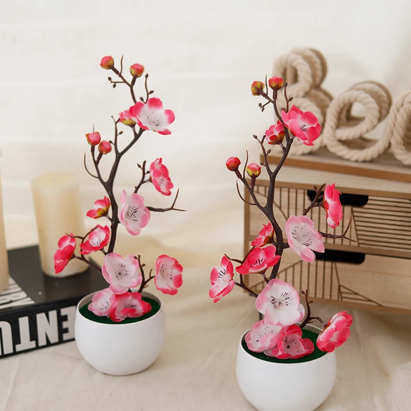 Bonsai Silk Plum Flowers Artificial Potted Plants Blossoms Simulation Plum Branch Potted Wedding Home Room Garden DIY Decoration