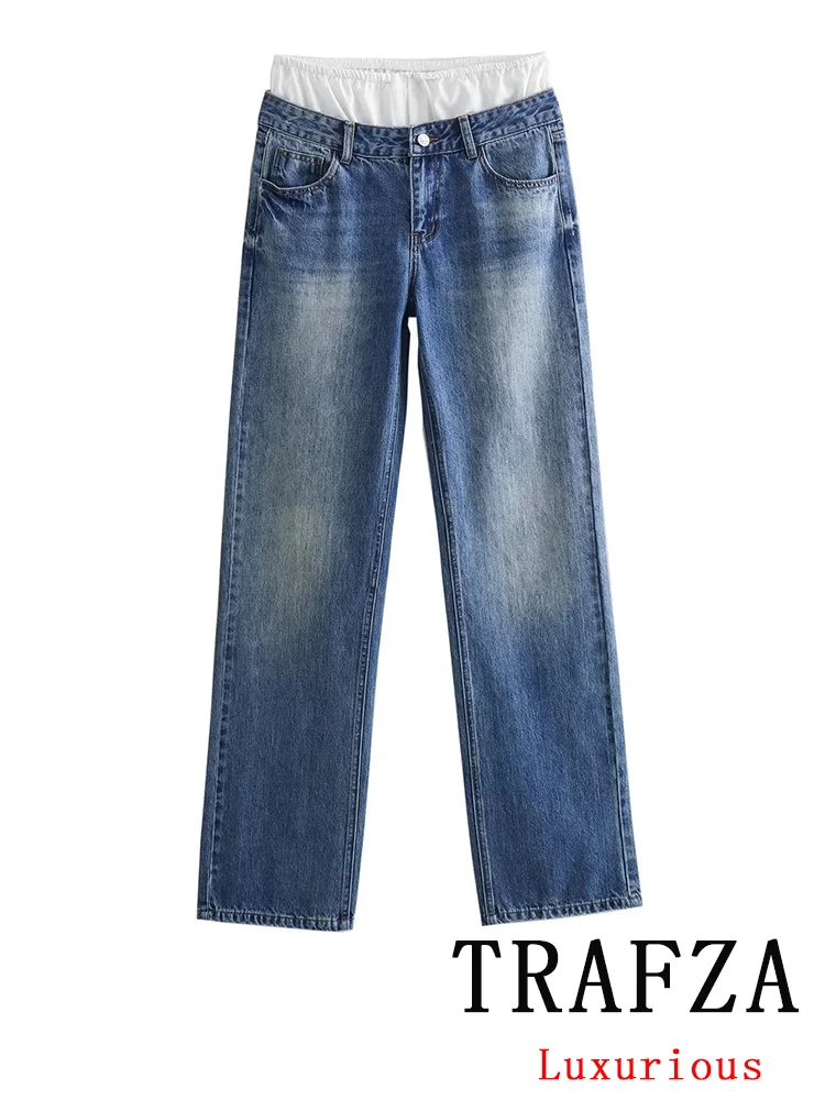

TRAFZA Vintage Casual Chic Women Pants Spliced Lace-up Straight Mid-waisted Pants Fashion 2024 Spring Summer Holiday Trousers