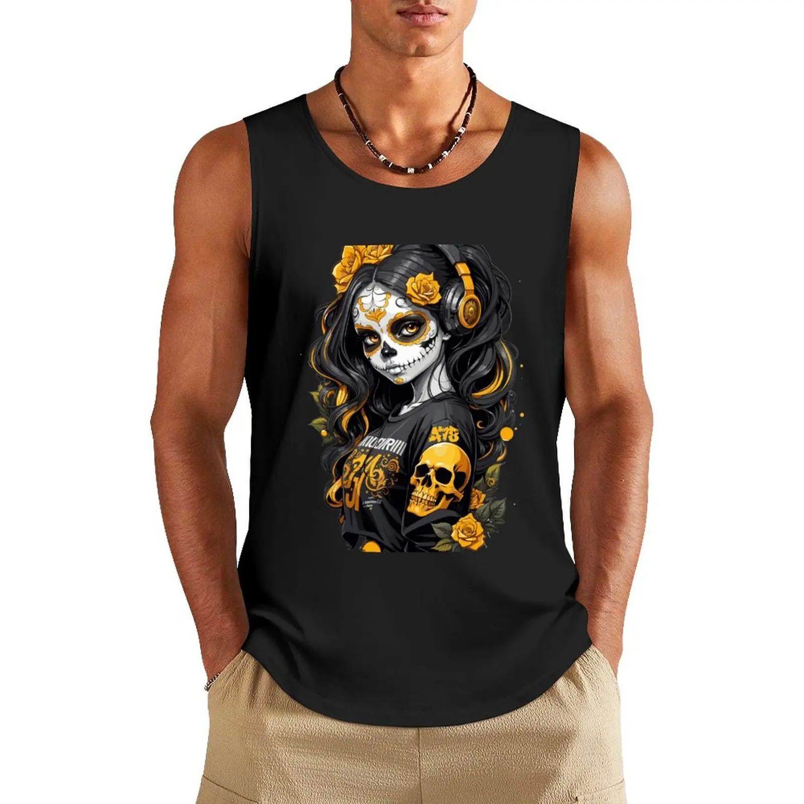 

Sugar Skull Girl with Black Hair and Golden Roses Tank Top anime top men gym clothing mens designer clothes
