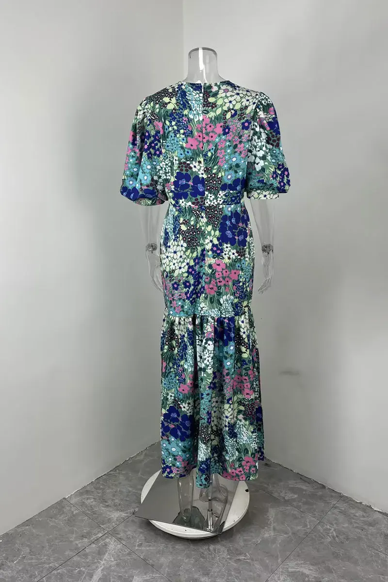 Veithche verão elegante feminino azul flor impressão vestido lanterna manga e tornozelo magro bodycon o pescoço estilo pastoral vestido de festa