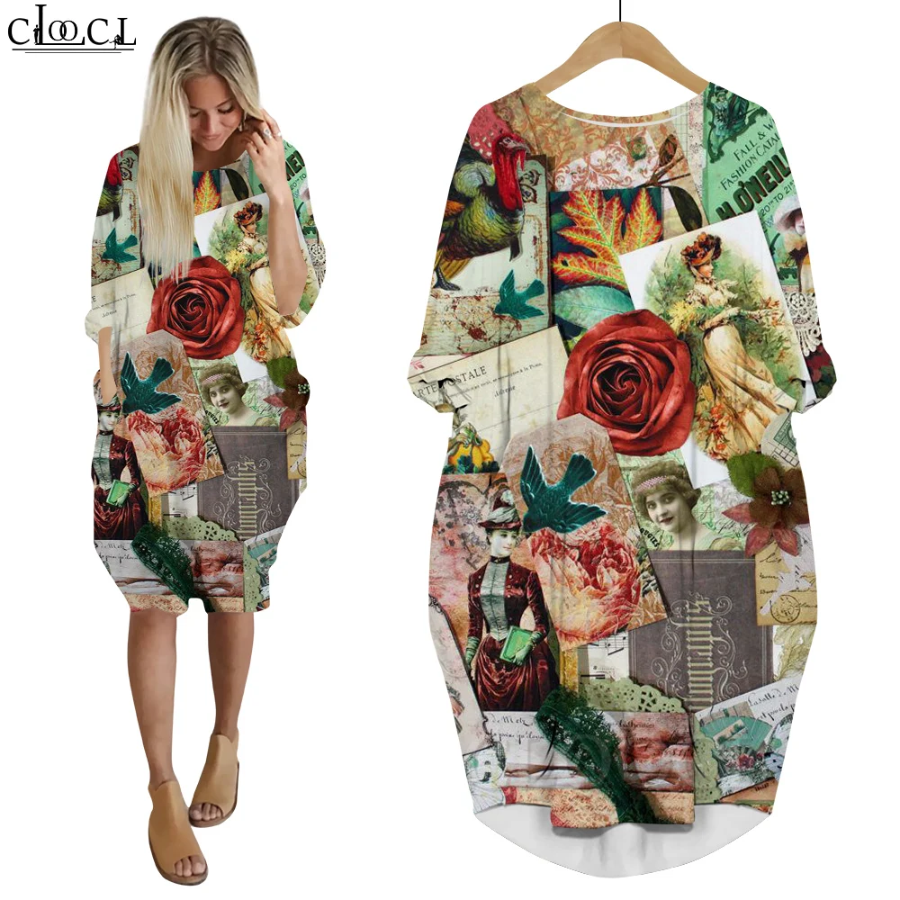 

CLOOCL Vintage Dress for Women Rose and Art Old Newspaper 3D Printed Long Sleeve Pocket Loose Casual Female Clothing Streetwear