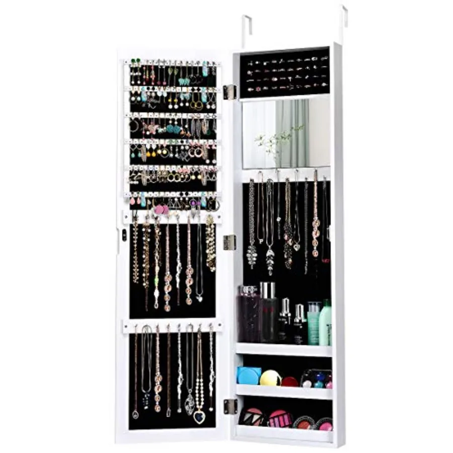 

Wall Door Mounted Mirrored Jewelry Cabinet Jewelry Armoire Storage Organizer with Full Length Mirror Jewelry Cabinets White
