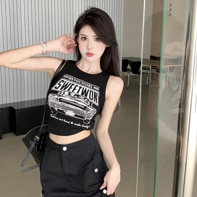 Hot girl style retro letter car print slim fit vest women's midriff-baring short top trendy