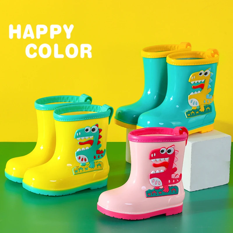 Children Rain Boots Kids Girl Rainboots 3d Cartoon Dinosaur Kids Boys Boots Plush Warm Ankle Waterproof Baby Toddler Water Shoes