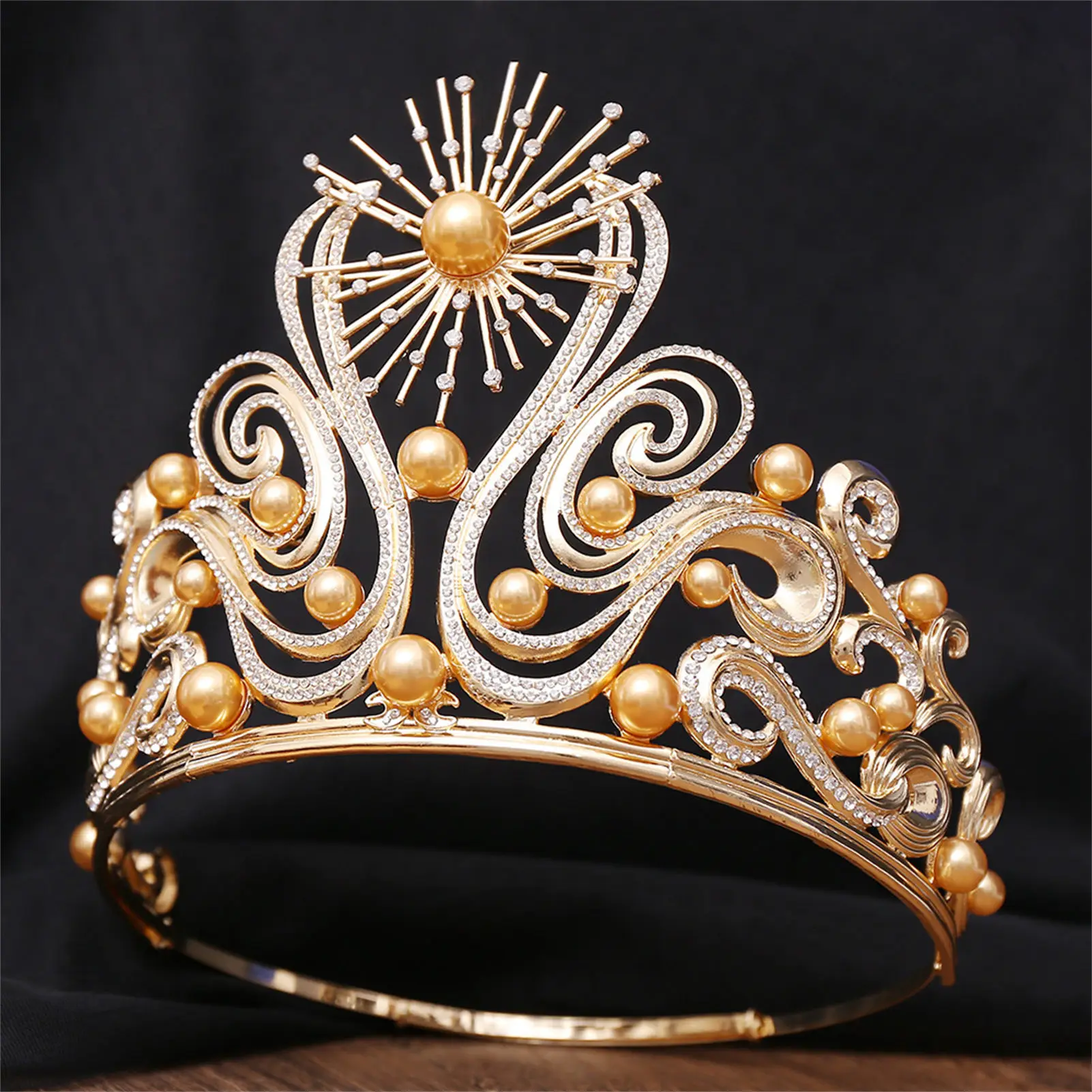 الملكي الملكة تاج الذهب اللون سبيكة التيجان لامعة حجر الراين اللؤلؤ تصاميم العروس الزفاف رباطات الجمال مسابقة حفلة diadema