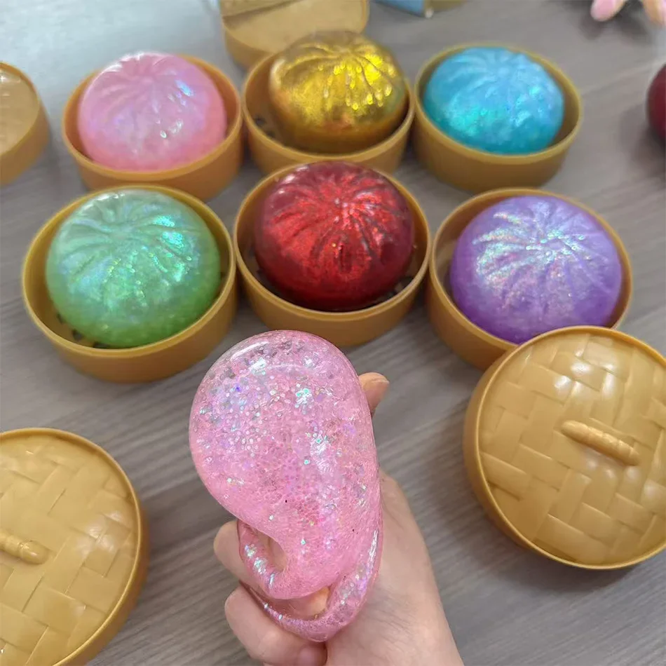 Hot Glitter Dumpling Squishy with Box  Funny Dumpling Twist Toy Stress Relief For Daily Use For Adults Kids