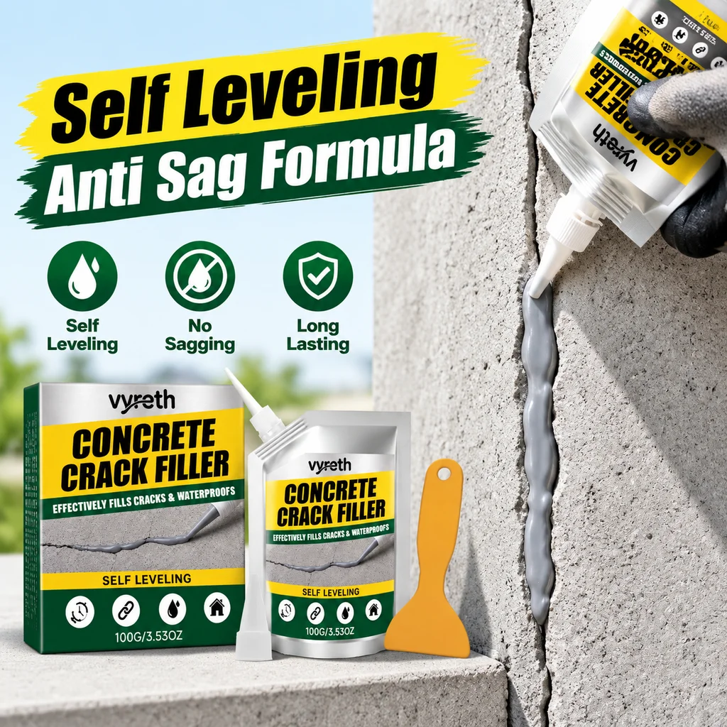 Vyreth Concrete Crack Filler With Scraper Tool Self Leveling Gap Sealer For Wall Floor Indoor Outdoor Cement Tile Wood Surface
