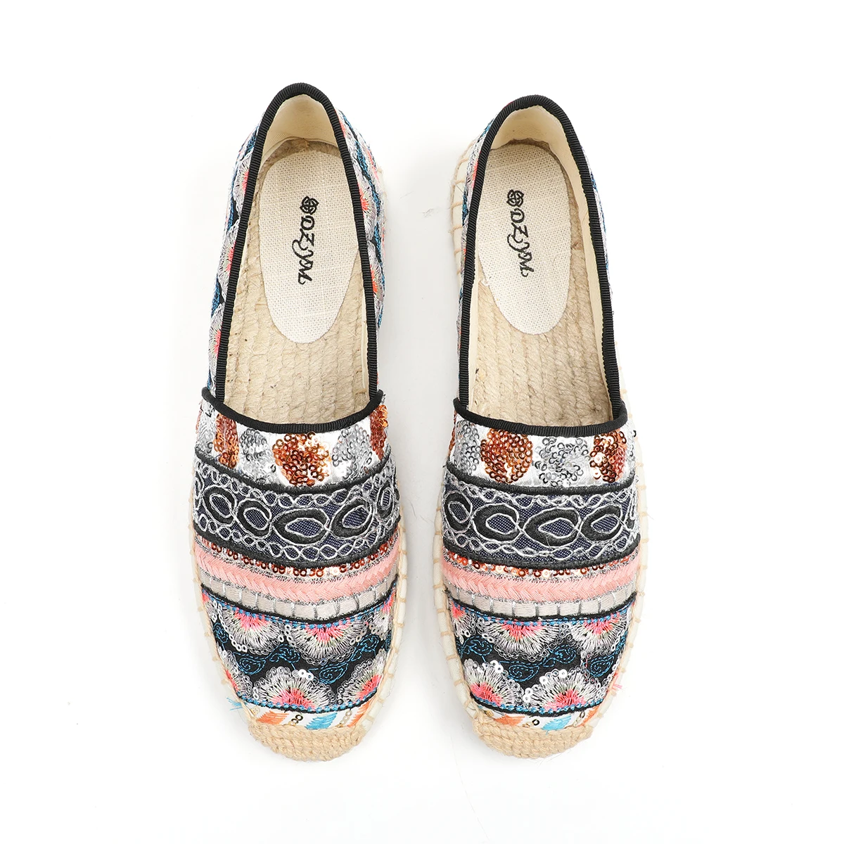 Ladies Casual Linen Hand Embroidered Mules Flat Sequin Shoes Summer Ladies Canvas Comfort Espadrilles Loafers