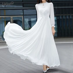 Elegant Casual O-neck Long Sleeve White Slender Dresses Spring Autumn Fashion Belt Empire Chiffon Solid Color Women's Clothing