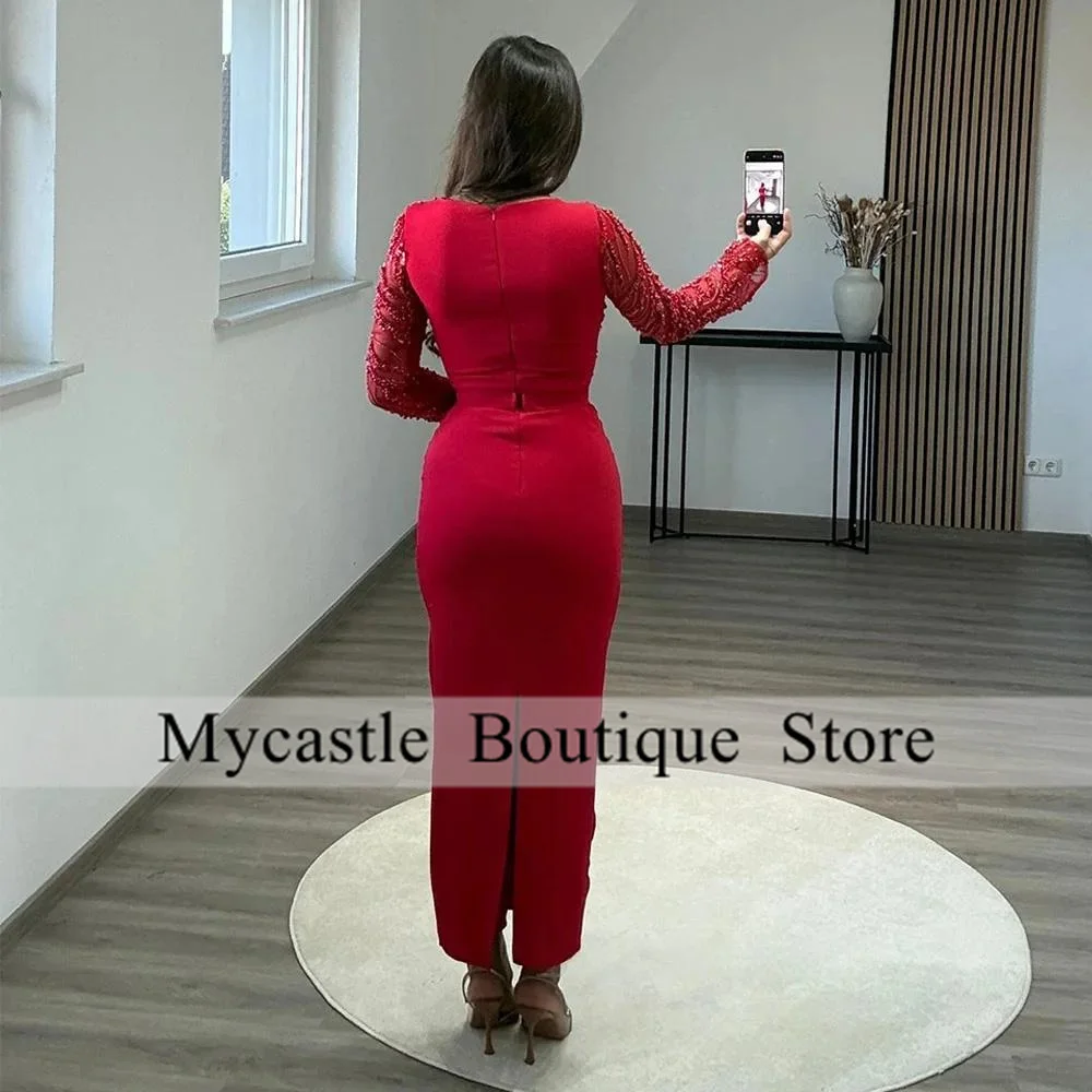 

Red Beaded Evening Dress Customized Long Sleeves Square Neck Pearls Ankle Length Arabian Prom Gown Formal Party Dresses