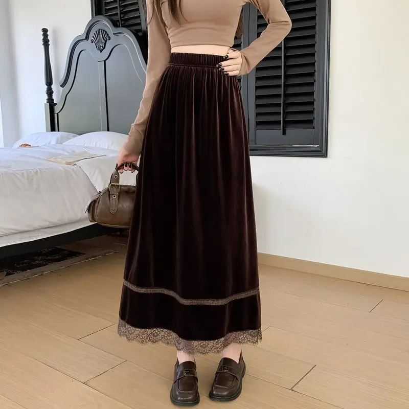 

Gold Velvet Spliced Lace Skirt Mid to Long Vintage Elegant Autumn/Winter Vintage Long Skirt All Match Half Length Skirt
