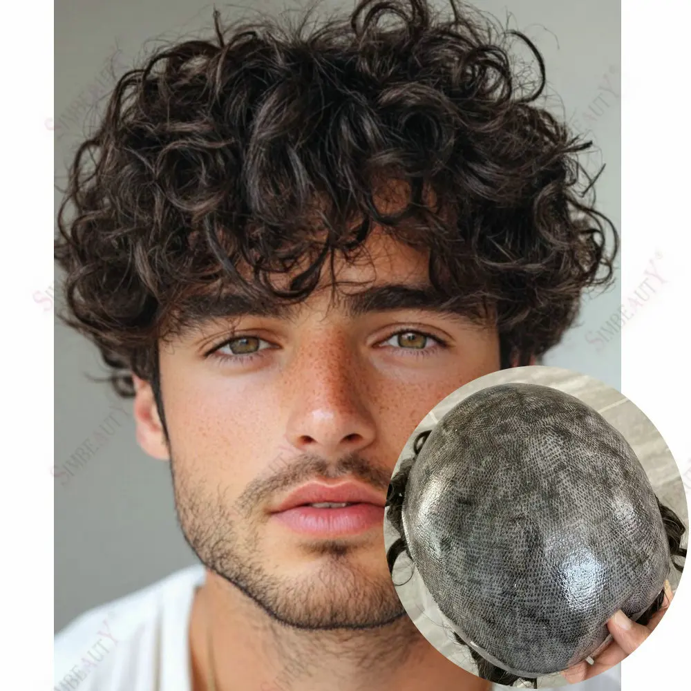 28 مللي متر خط الشعر الطبيعي المجعد دائم رقيقة الجلد كامل بولي Men الرجال الشعر المستعار أسود رمادي 1B65 1B20 نظام باروكة من شعر طبيعي الذكور الشعرية Prost #2