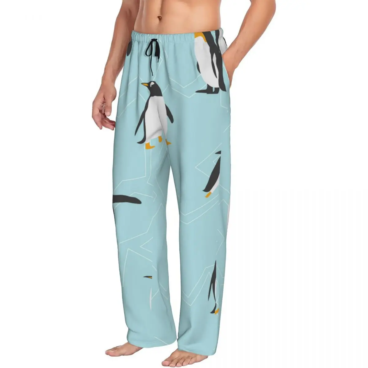 Custom Printed Men's Pajama Pants Cute Penguin With Ice Sleepwear Sleep Lounge Bottoms with Pockets