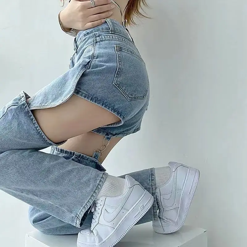 Denim Pant Women Jeans Wide Leg Long Pants Hole Two Fakes High Waist Straight Trousers Y2k Streetwear Elegant Work Summer