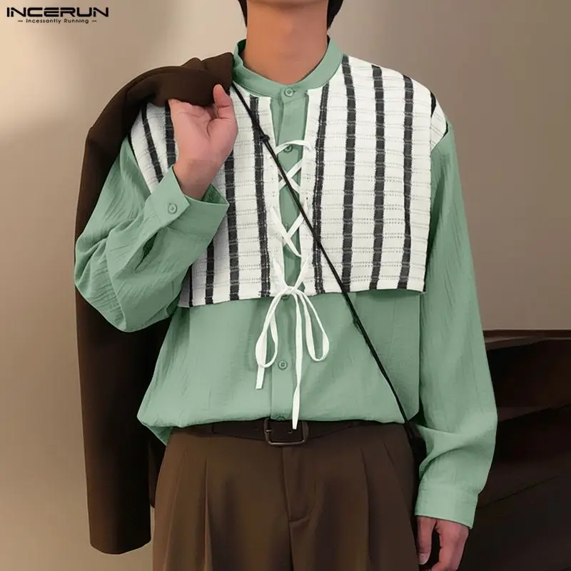 

INCERUN Мужская рубашка в стиле пэчворк с воротником-стойкой и длинным рукавом Мужская одежда Уличная одежда Свободные модные повседневные топы в корейском стиле Мужские рубашки