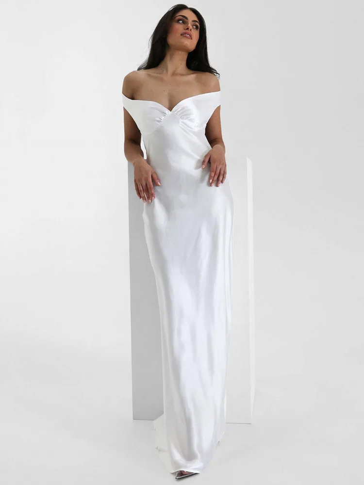 Arctic Cat Sexy Satijn Off-Shoulder Bodycon Party Club Avondjurk Vrouwen Elegante Backless Slanke Effen Kleur Formele Jurk vestidos