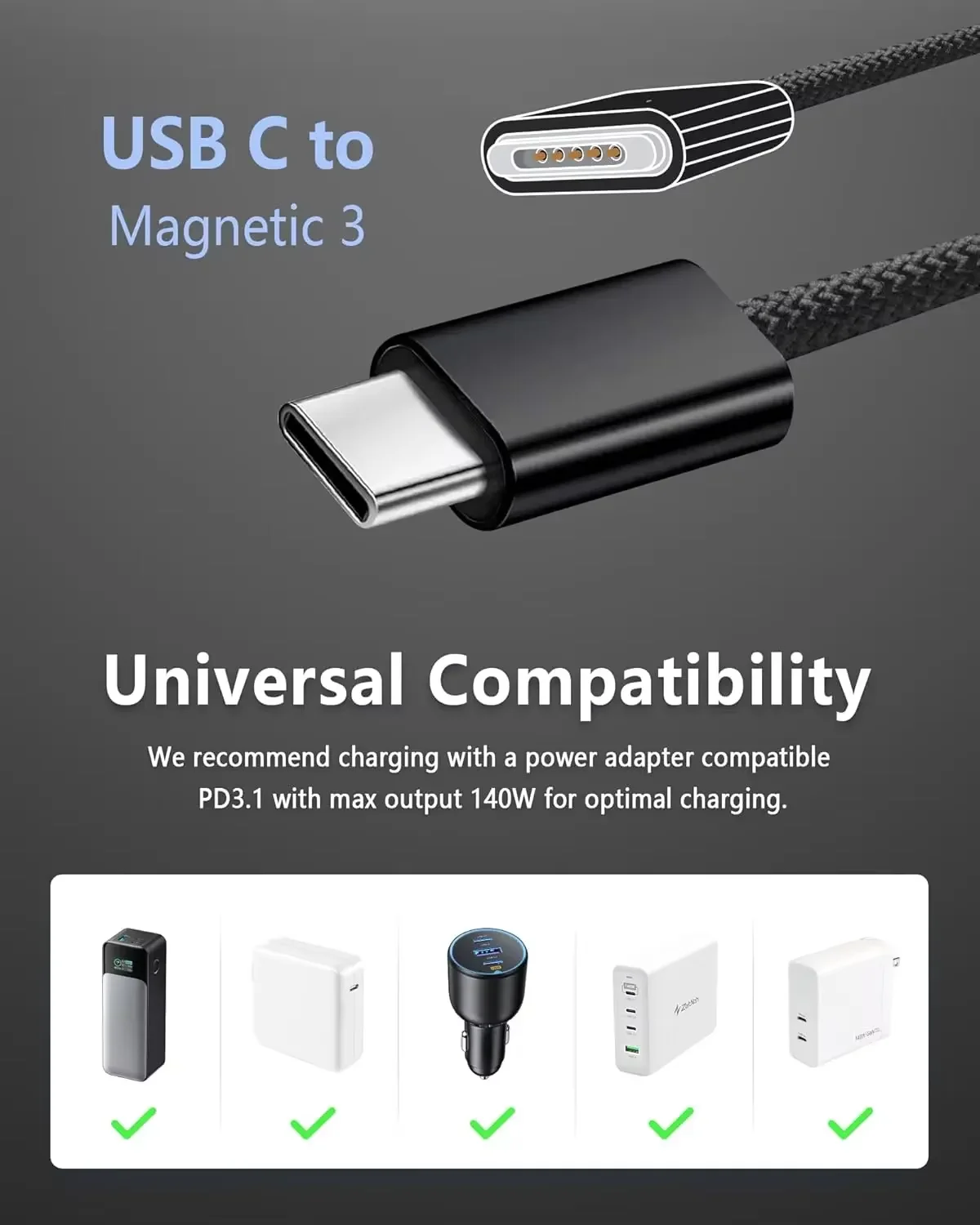 

140W Magnetic USB-C Cable for MacBook Air/Pro | Fast Charging (2021-2025 Models) | 6.6ft Braided Nylon | Black