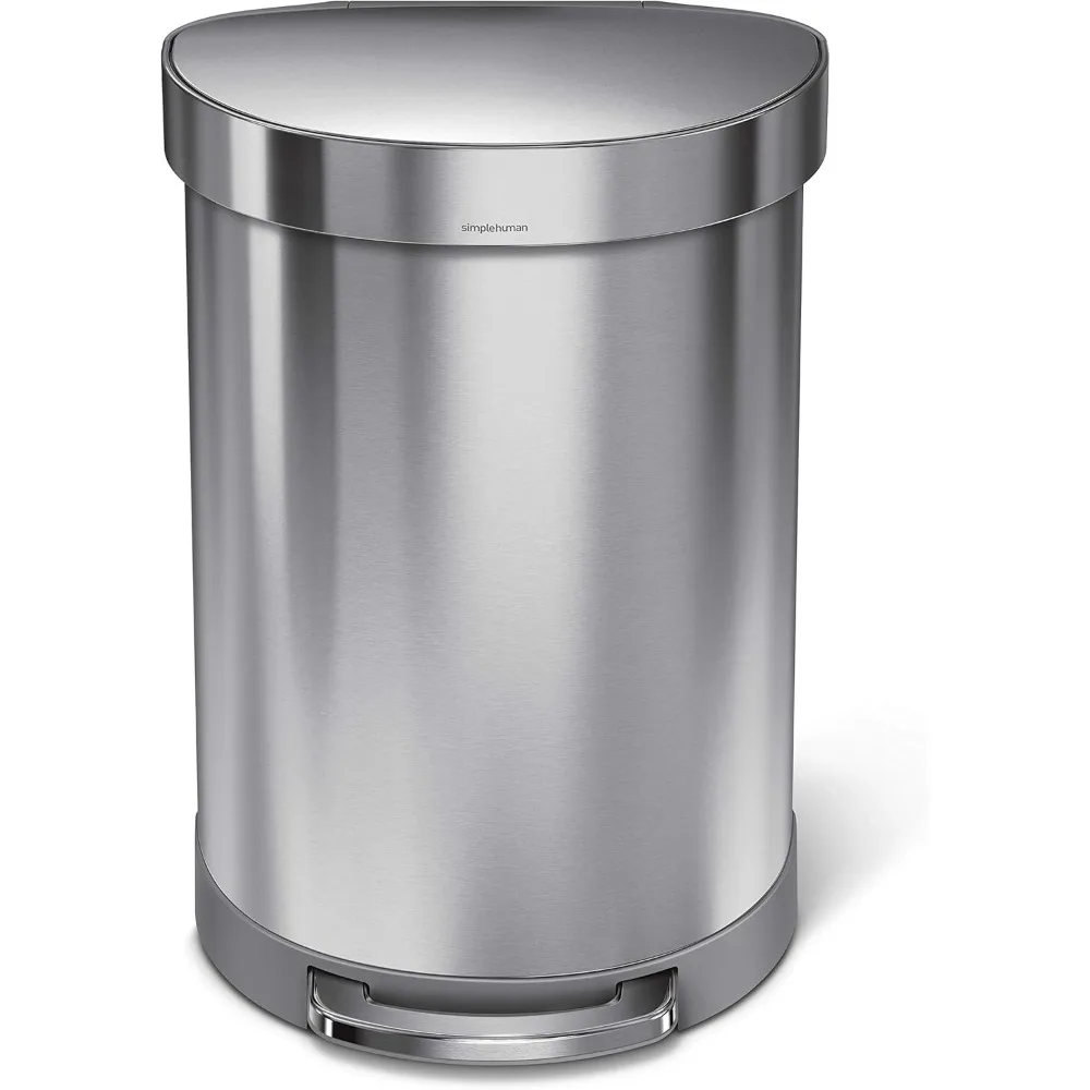 60 Liter Semi-Round Hands-Free Kitchen Step Stainless Steel Trash Can with Soft-Close Lid, Brushed