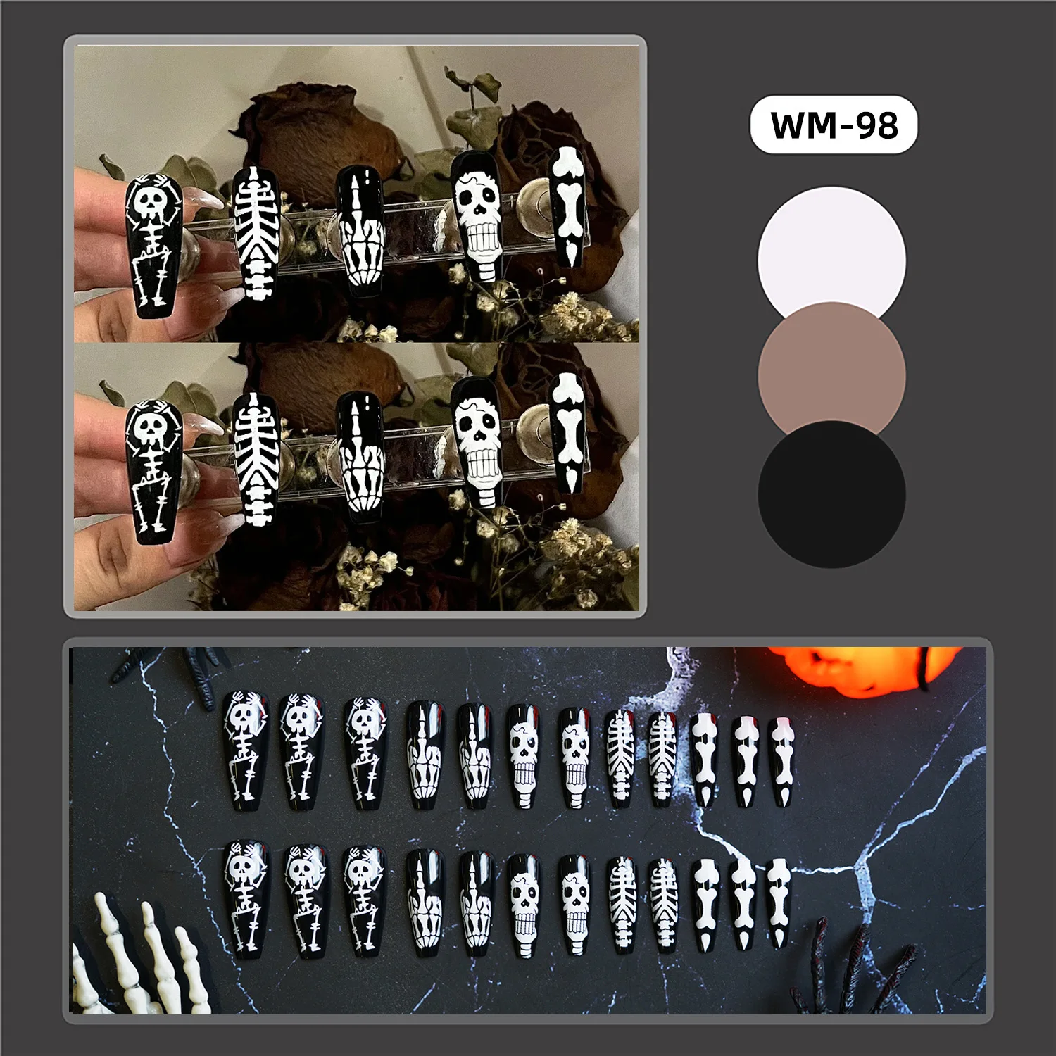 24pcs White Skull Press on Nails Black Long Ballet Halloween Fake Nail Patch Full Cover Wearable Ghost Skull False Nail Tips
