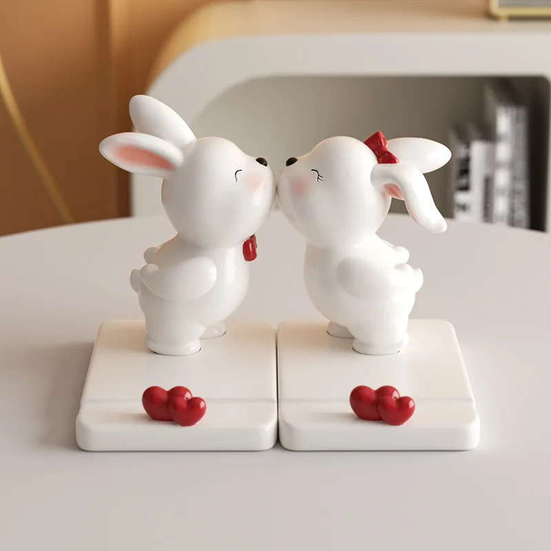 Creative Cute Rabbit Sculpture Ornaments, White Cartoon Animal Mobile Phone Holder. Office Workstation Decoration.practical Gift