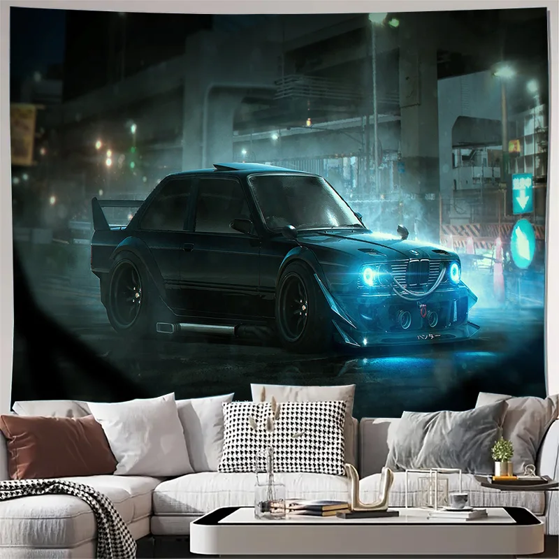 Custom Tuned BMW E30 Street Racing Car Night City Rainy Scene Art Wall Tapestry Machine Washable All Season Decor Print Home