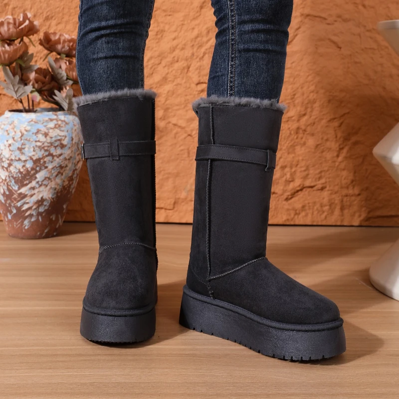 الشتاء سميكة سوليد الثلوج الأحذية جولة تو حزام مشبك كم شقة وحيد سميكة الكشمير أحذية عالية حجم كبير المرأة Boots36-41 #6