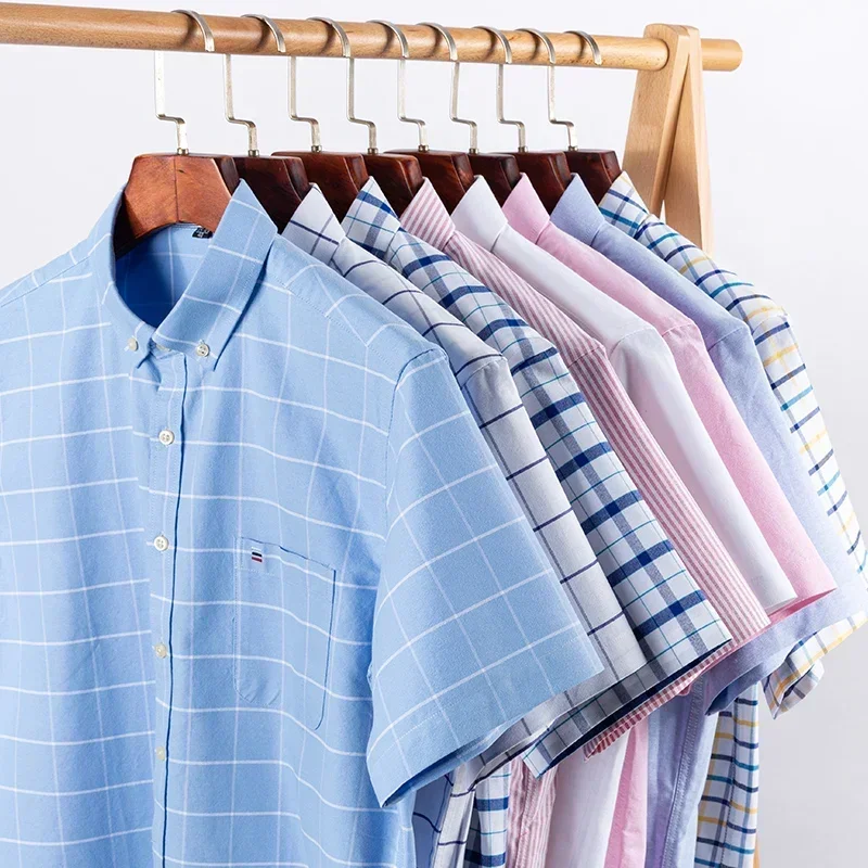 

New Men's Social Shirt Short Sleeve 100% Pure Cotton Oxford Soft Buttoned Plaid Formal Male Clothes Oversized Shirt Plus Size