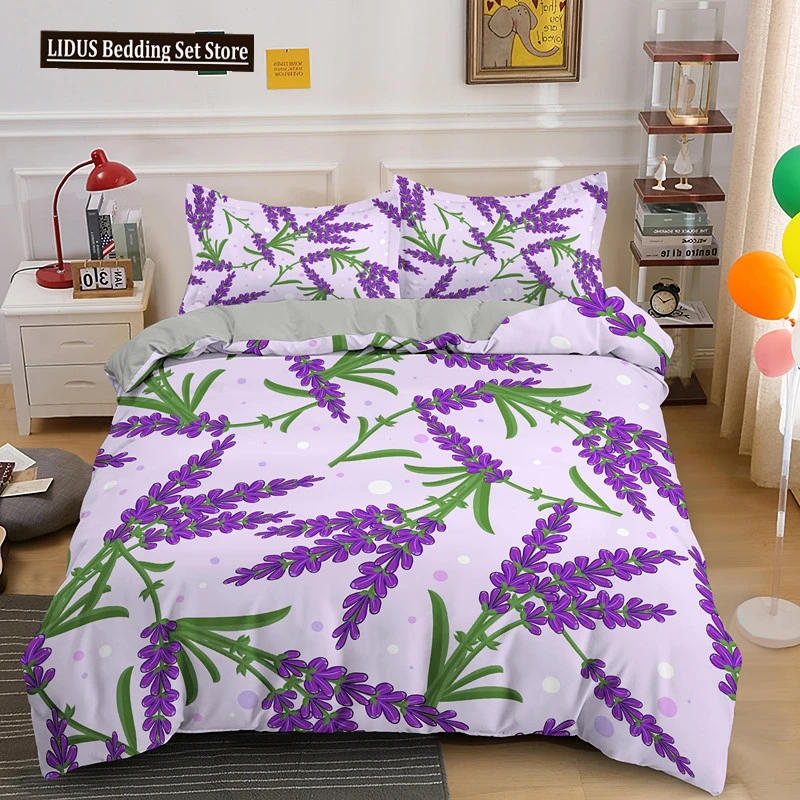 

Lavender Duvet Cover Set Purple Romantic Theme Beautiful Flowers Polyester Comforter Cover King Queen Size For Girls Women Kids