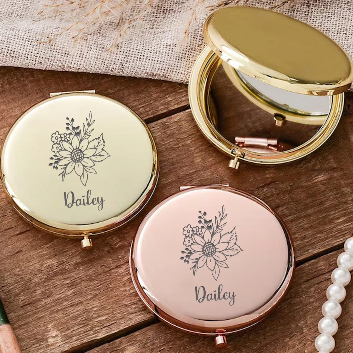 1pc Cartoon Creative Flower Customized Name Pocket Mirror Makeup Mirror Round Circle Mirror Anniversary gifts