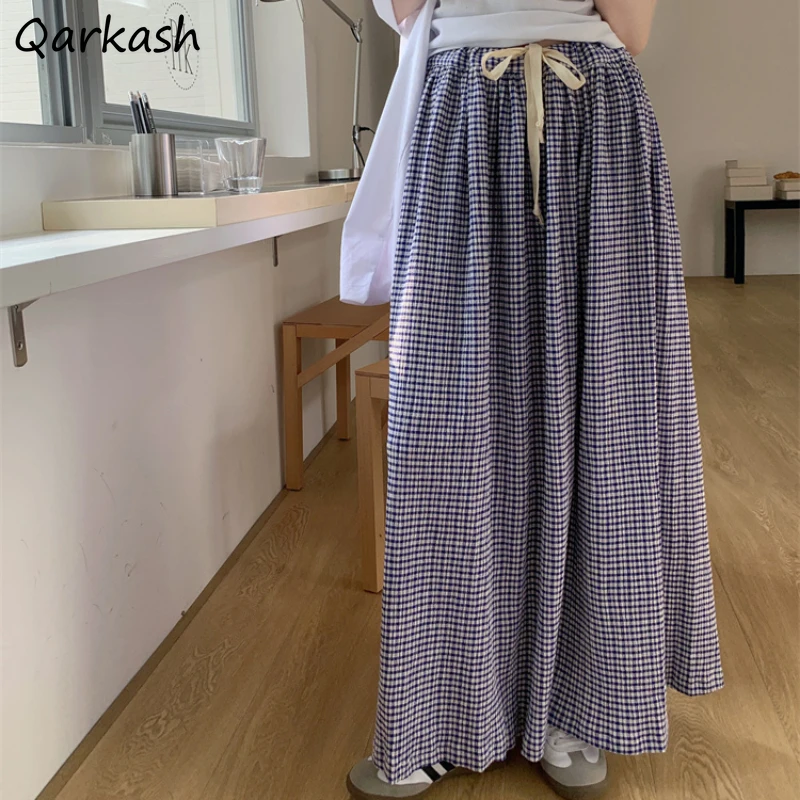 

Skirts Women Blue Plaid Floor-length Draw String Elastic Waist Straight Summer Ins Korean Style Sweet BF A-line Leisure Harajuku