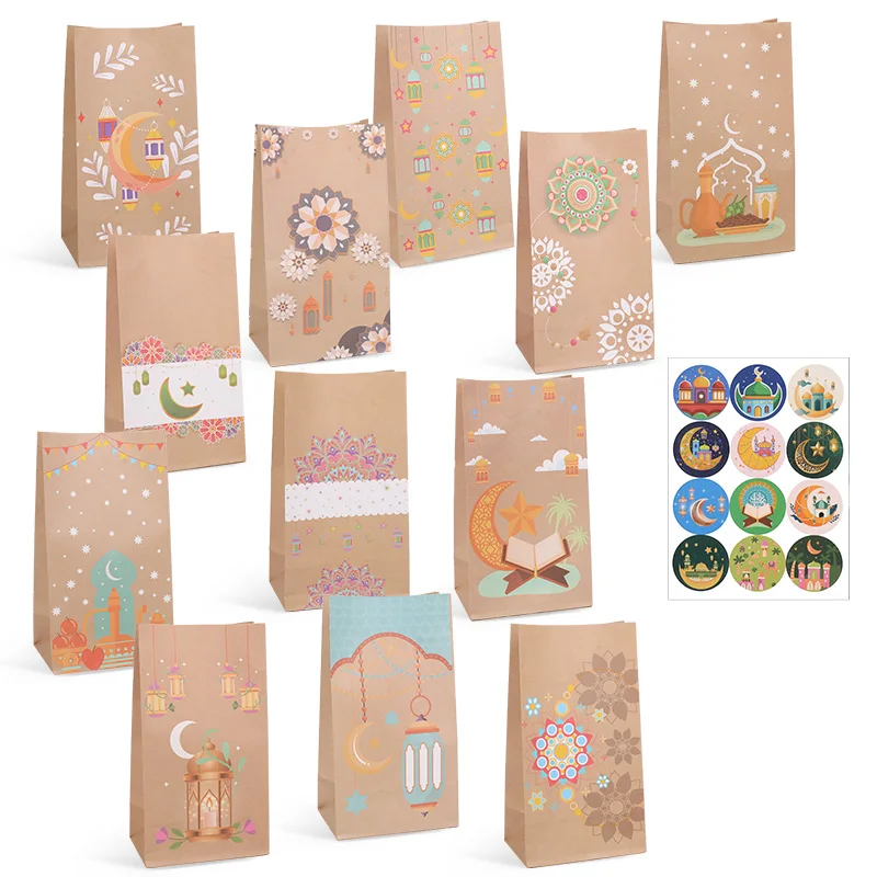 

12pcs Eid Mubarak Gifts Bags With Stickers Ramadan Kareem Decor Moon Star Candy Gift Packing Bag For Islamic Muslim Party Supply