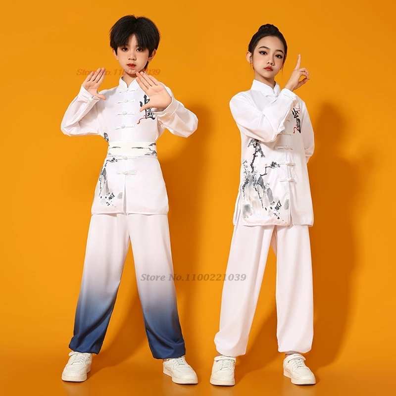 

2026 chinese children tai chi wushu martial arts kung fu uniform wing chun shaolin national flower print vintage kungfu set