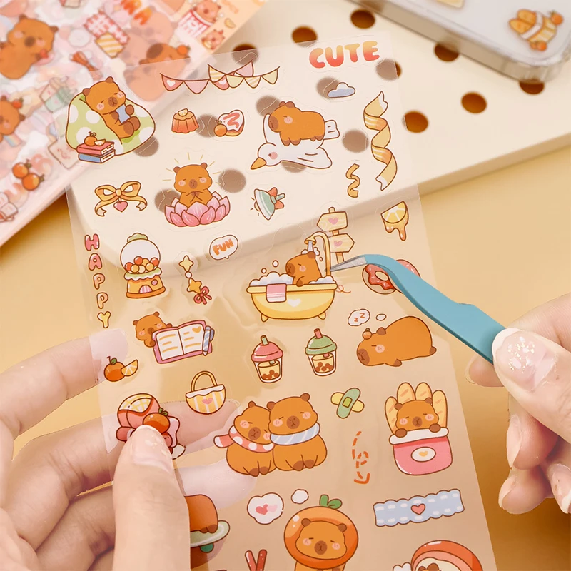 Pegatinas de Capybara Kawaii, pegatinas de dibujos animados, álbum de cuenta de mano, decoración de diario, papelería estética, regalos, 6 piezas