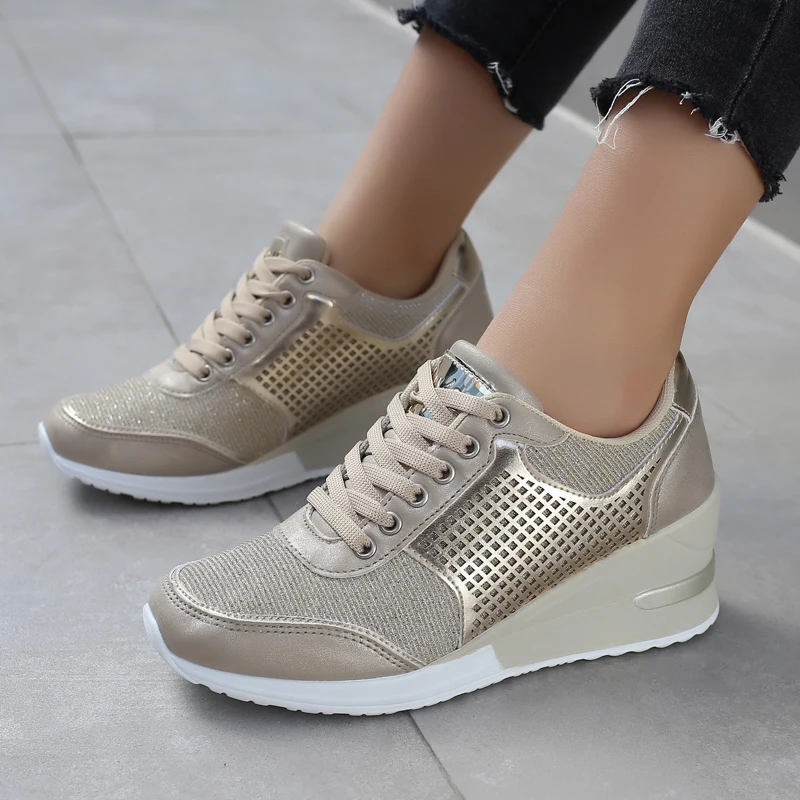 2022 Women Height Increasing 6.5 cm Walking Shoes Comfortable Platform Sneakers Gold Silver Ladies Footwears Brand Women Shoes