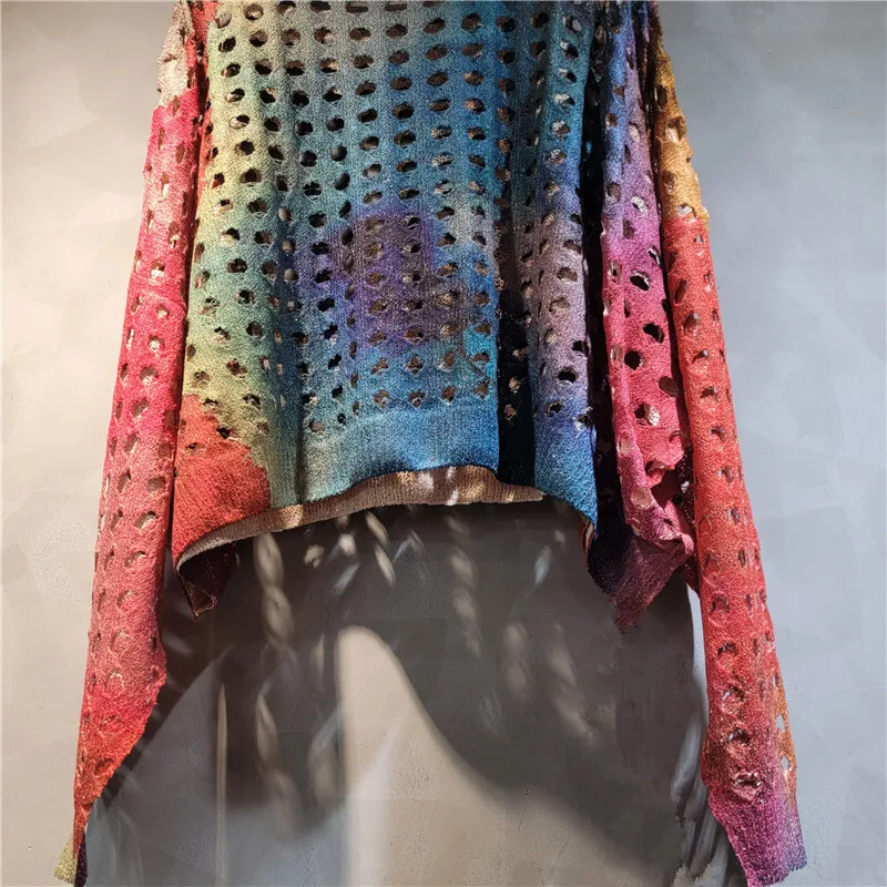 WHT Nova Moda Feminina Gradiente Oco Out Design Camiseta Solta 2025 Verão Na Moda O-pescoço Mangas Compridas Tops Feminino 1LS1692