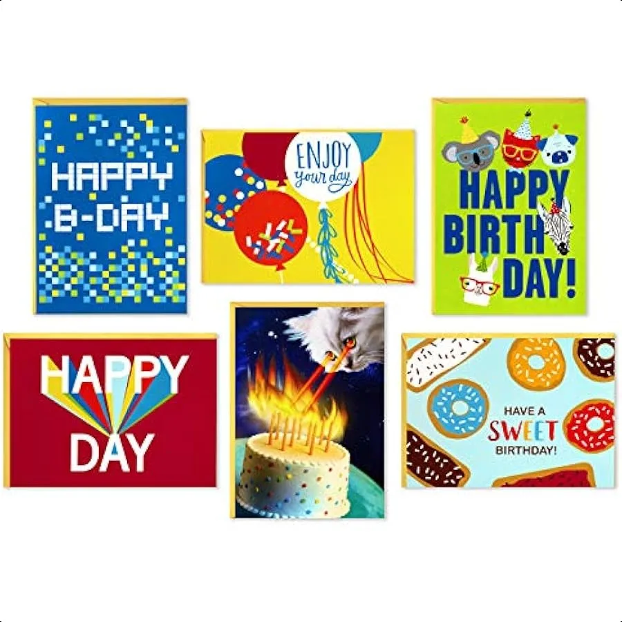 

Birthday Cards Assortment 36 Cards with Envelopes Cats Lasers Llamas Donuts