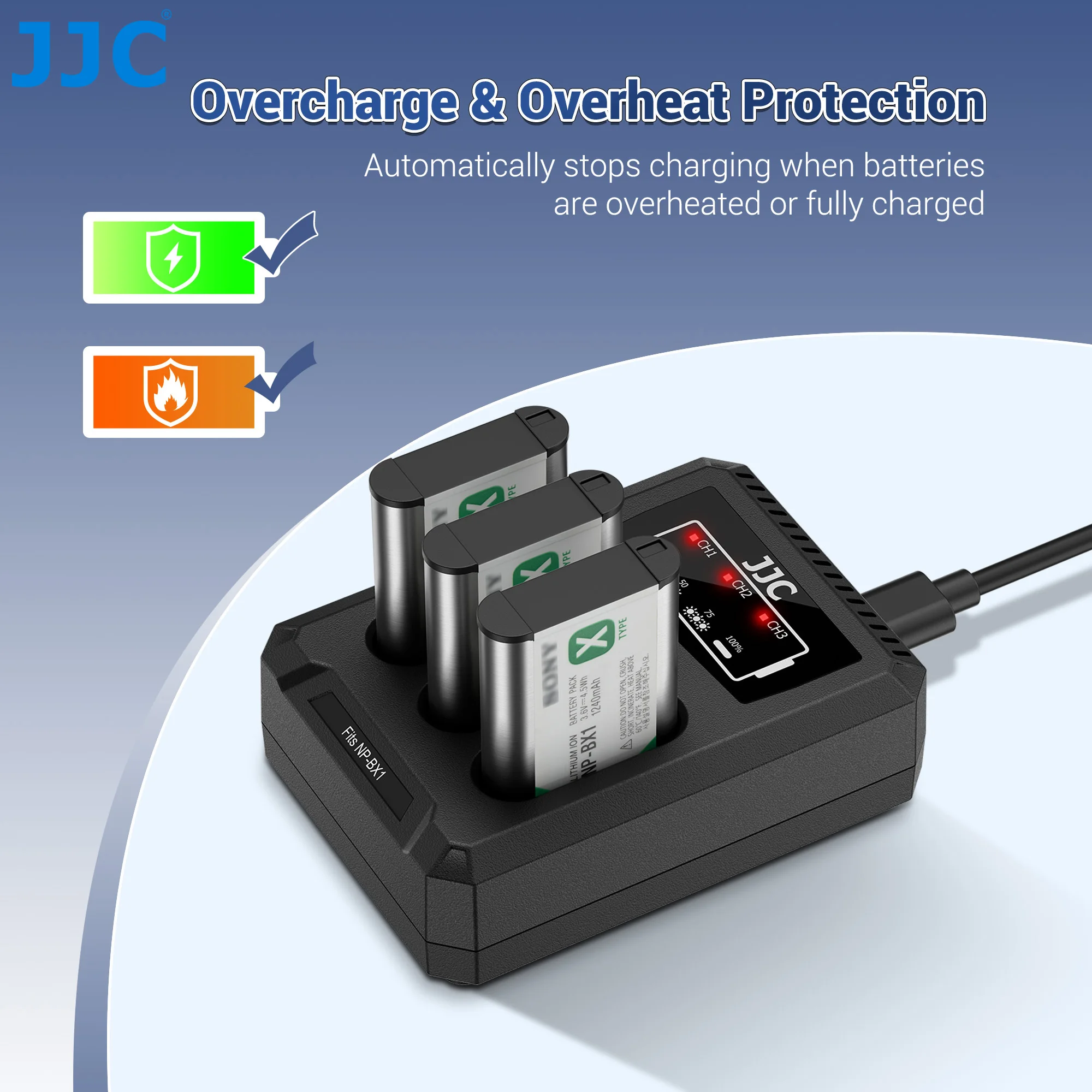 JJC NP-BX1 Battery Charger USB Triple Slot for Sony ZV-1F ZV1F ZV-1 II ZV-1 ZV1 RX100 VII VI VA V IV III II HX80 HX90 HX90V HX99