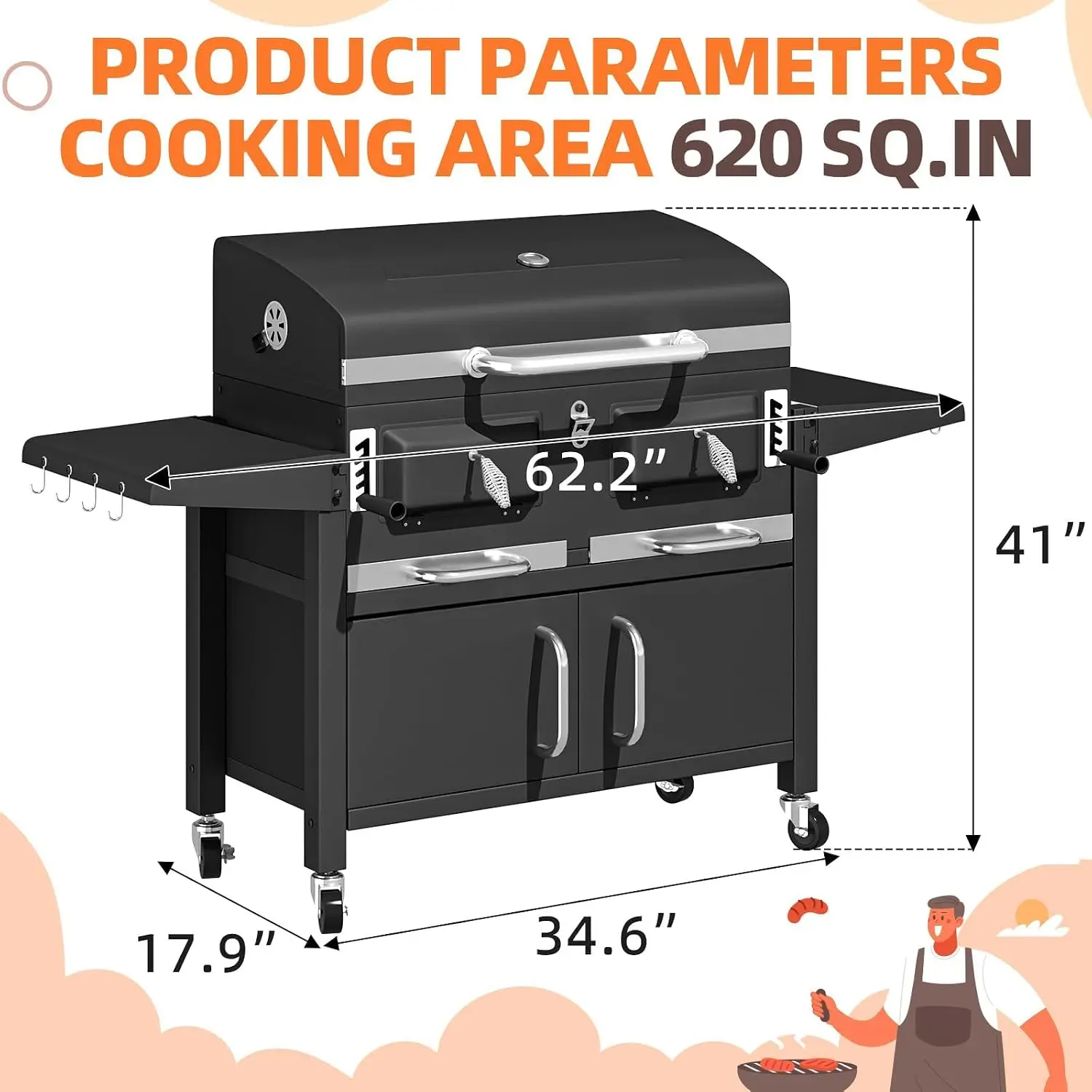 Large 36-Inch Charcoal Grill, 620 Sq. In. Oversized BBQ Cooking Area, Storage Cabinet, Individual Lifting Charcoal Trays, Foldable Side Tables, Built-In Thermometer for Outdoor Patio and Balcony