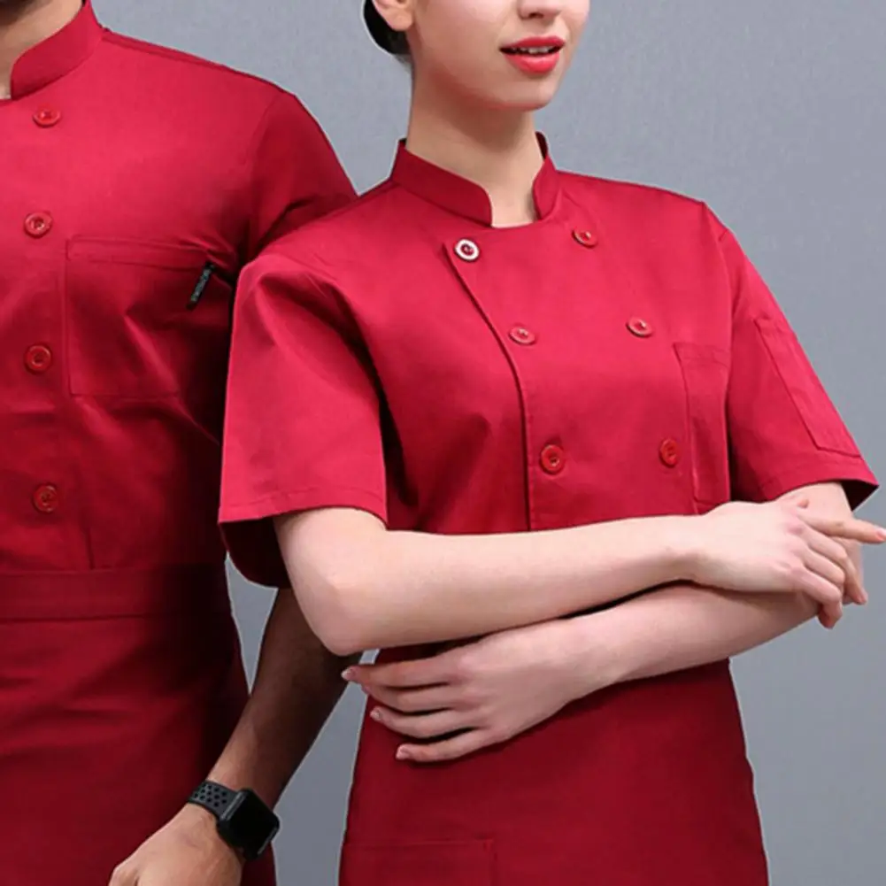 Stand Collar Long Sleeves Double Breasted Patch Pocket Chef Uniform Women Men Service Bakery Breathable Chef Shirt Work Clothing