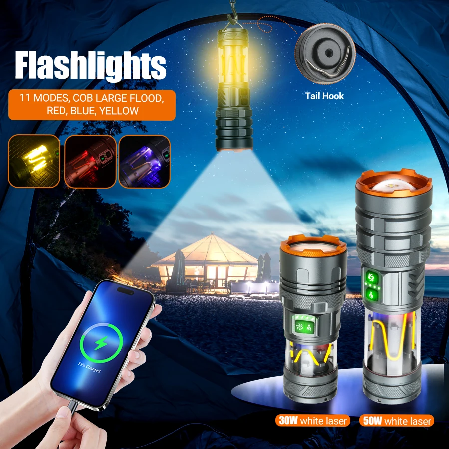 Portable Rechargeable Flashlight,Dual Source Strong LED Telescopic Zoom Lamp,Outdoor Camping Bright Torch With Hook 11 Patterns