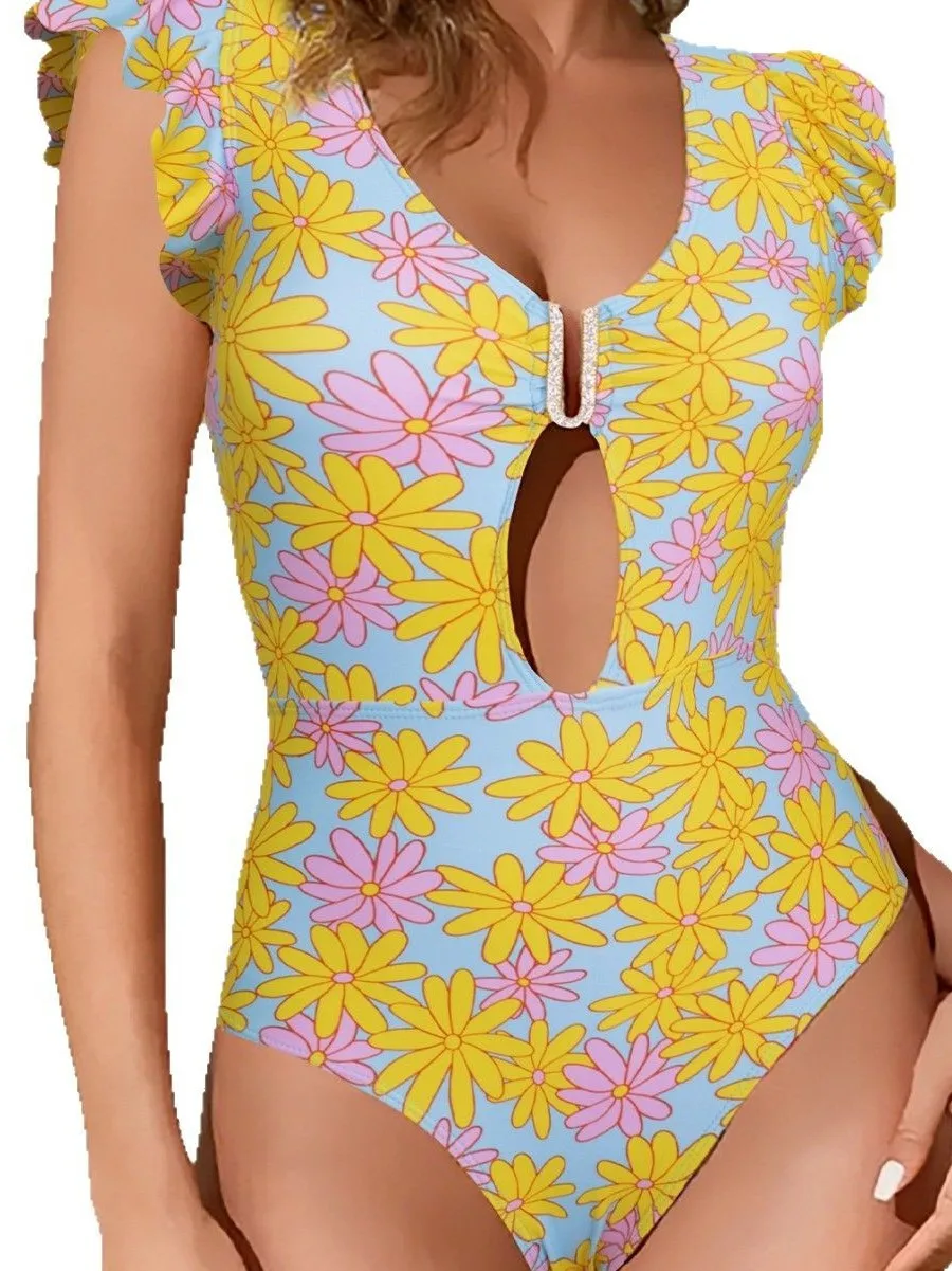 Nuevo traje de baño Sexy de una pieza con espalda descubierta para mujer, traje de baño estampado completo con cuello en V profundo, traje de baño Sexy con corsé para vacaciones de verano para mujer