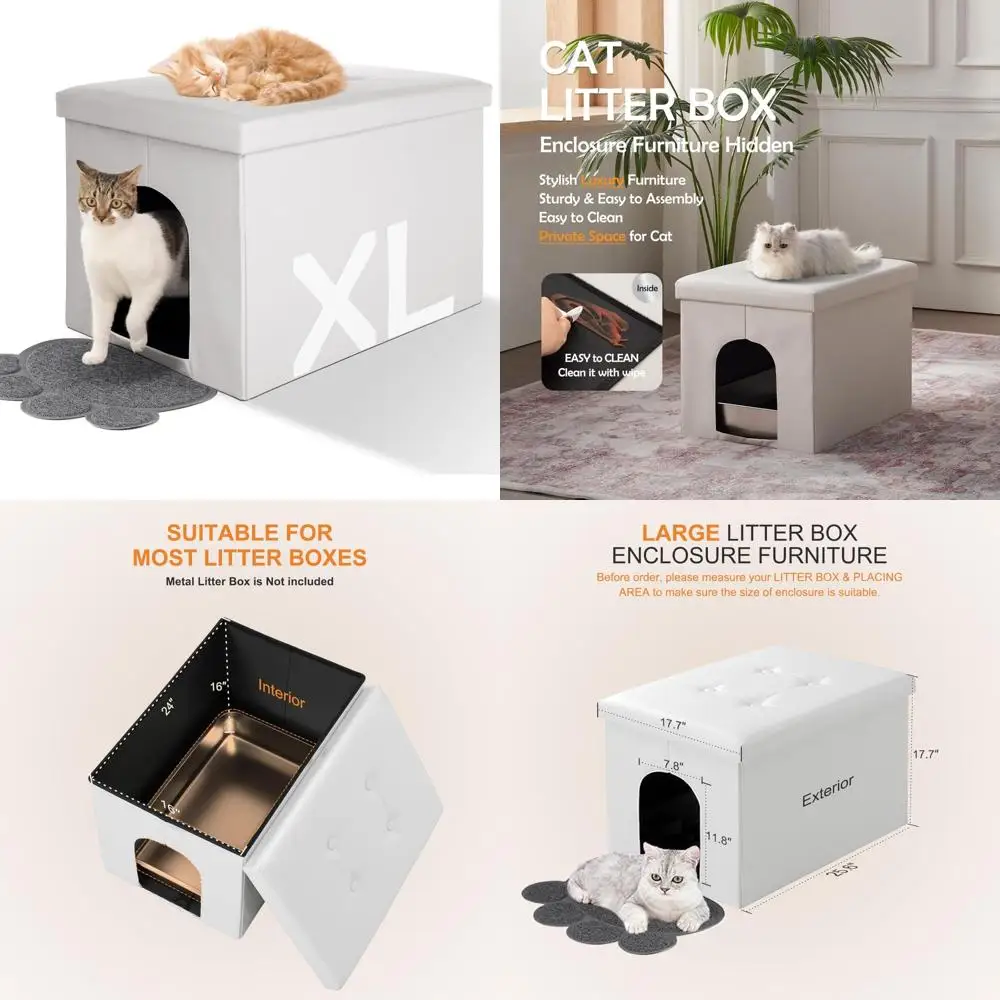Muebles con gabinete para caja de arena para gatos, banco de baño oculto con gabinete de almacenamiento, adecuado para perros y gatos grandes, dimensiones 25