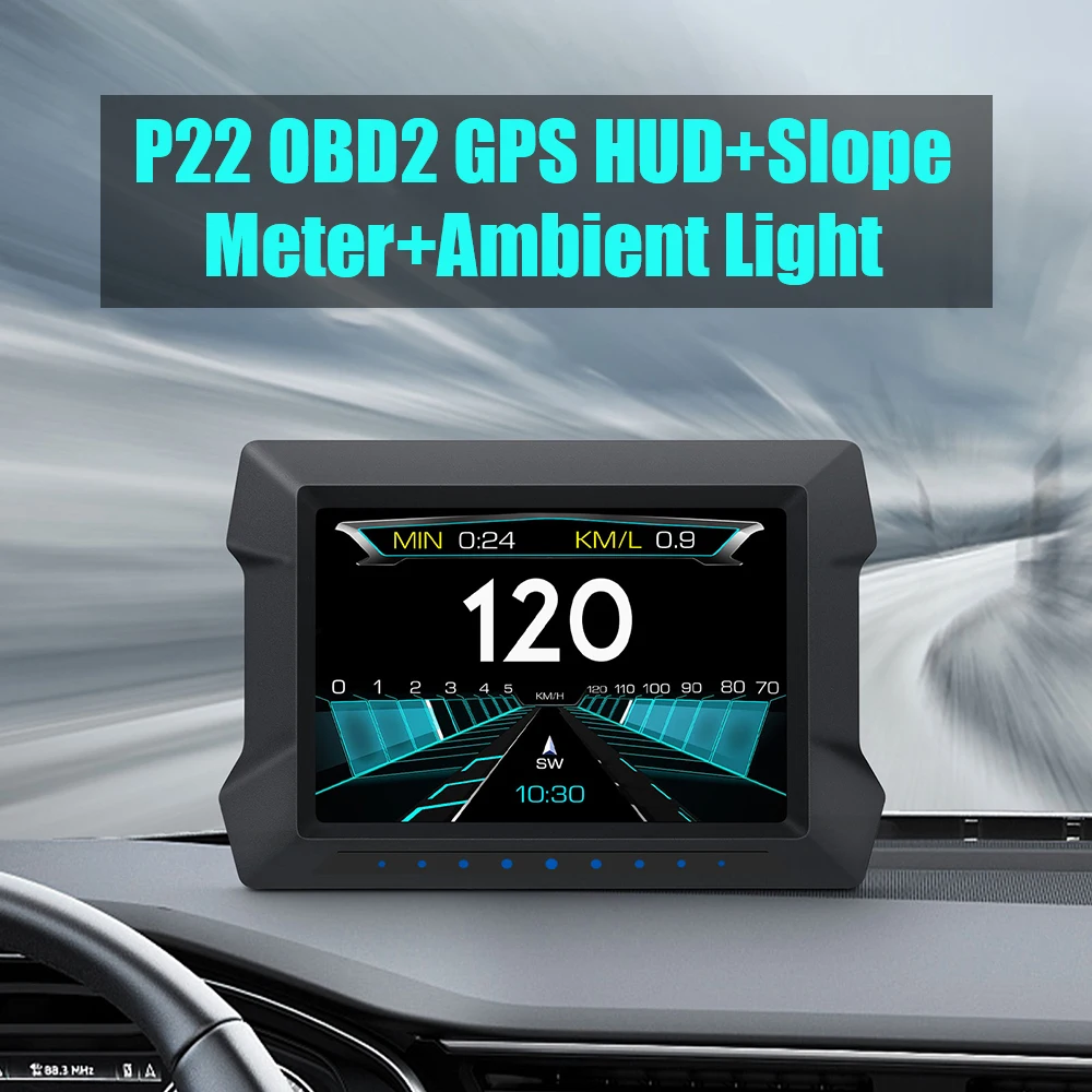 

P22 Dual System HUD OBD2 GPS Car Electronics Head Up Display Speedometer Slope Tilt Meter With Overspeed Low Voltage Alarm