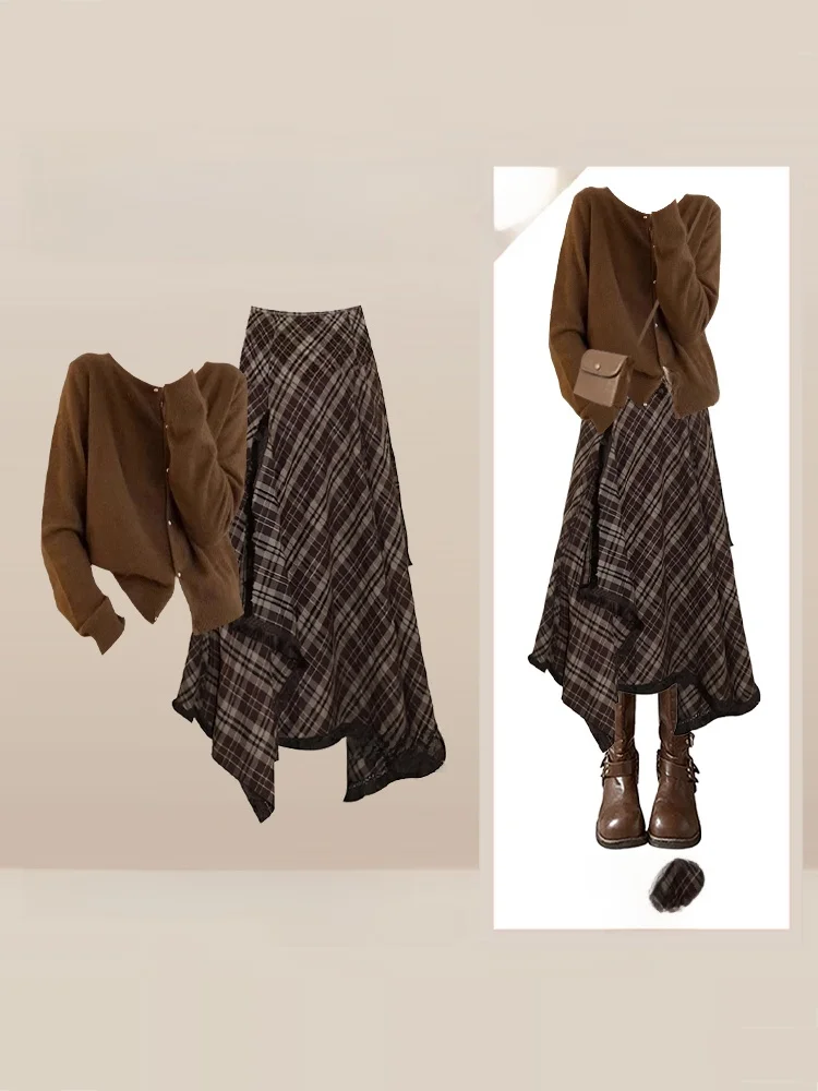 Weiche gemütliche Strickpullover Strickjacke Herbst Winter faul kariert A-Linie langer Rock zweiteiliges Set Damen Faion Loose Sle Kleidung